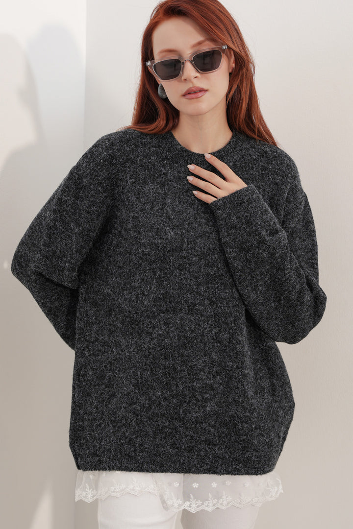 BGD Women Kadın Tül Detaylı Oversize Triko Kazak 15968 - Siyah - McKinney