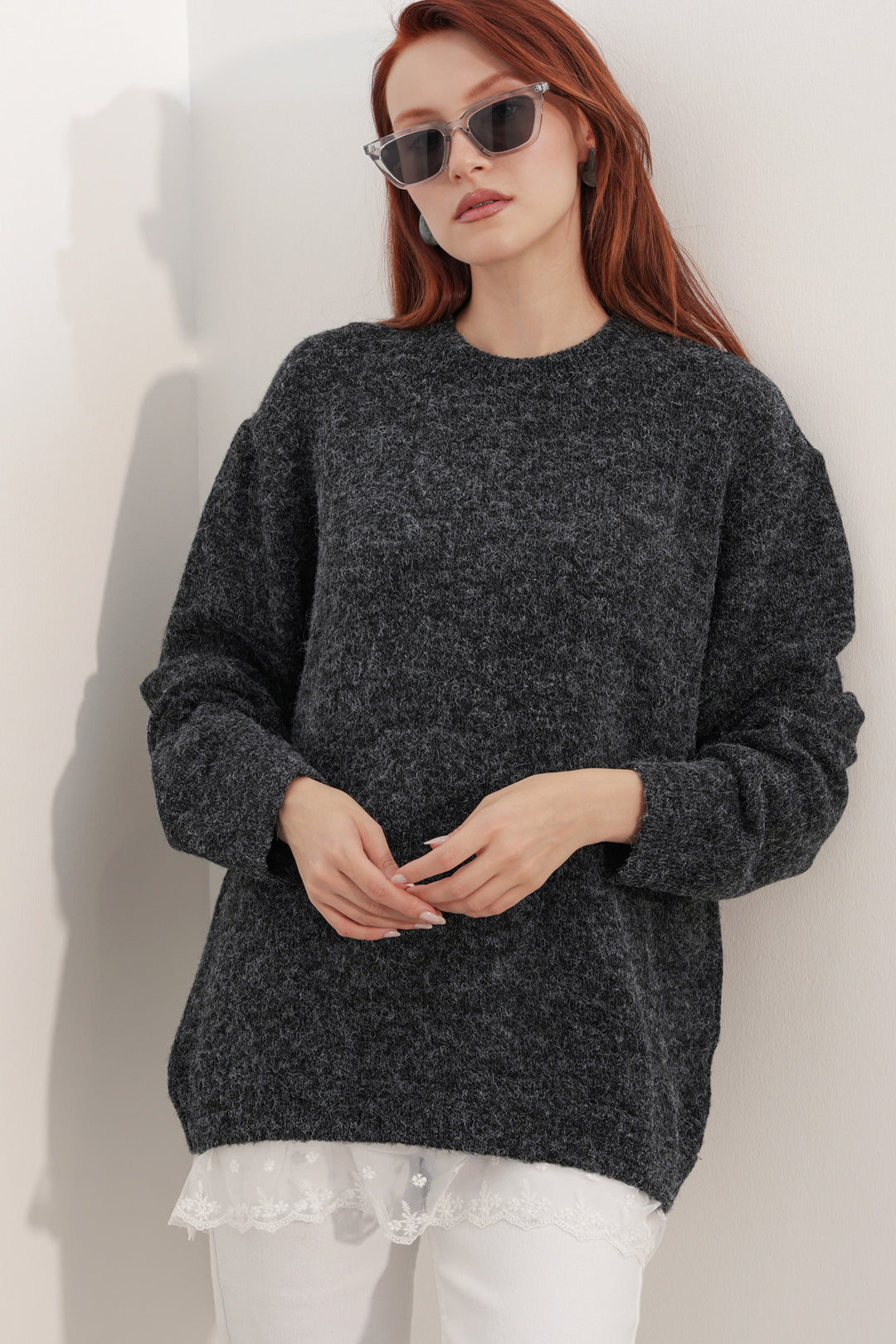 BGD Women Kadın Tül Detaylı Oversize Triko Kazak 15968 - Siyah - McKinney