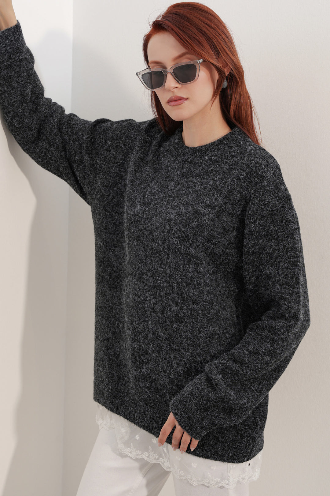 BGD Women Kadın Tül Detaylı Oversize Triko Kazak 15968 - Siyah - McKinney