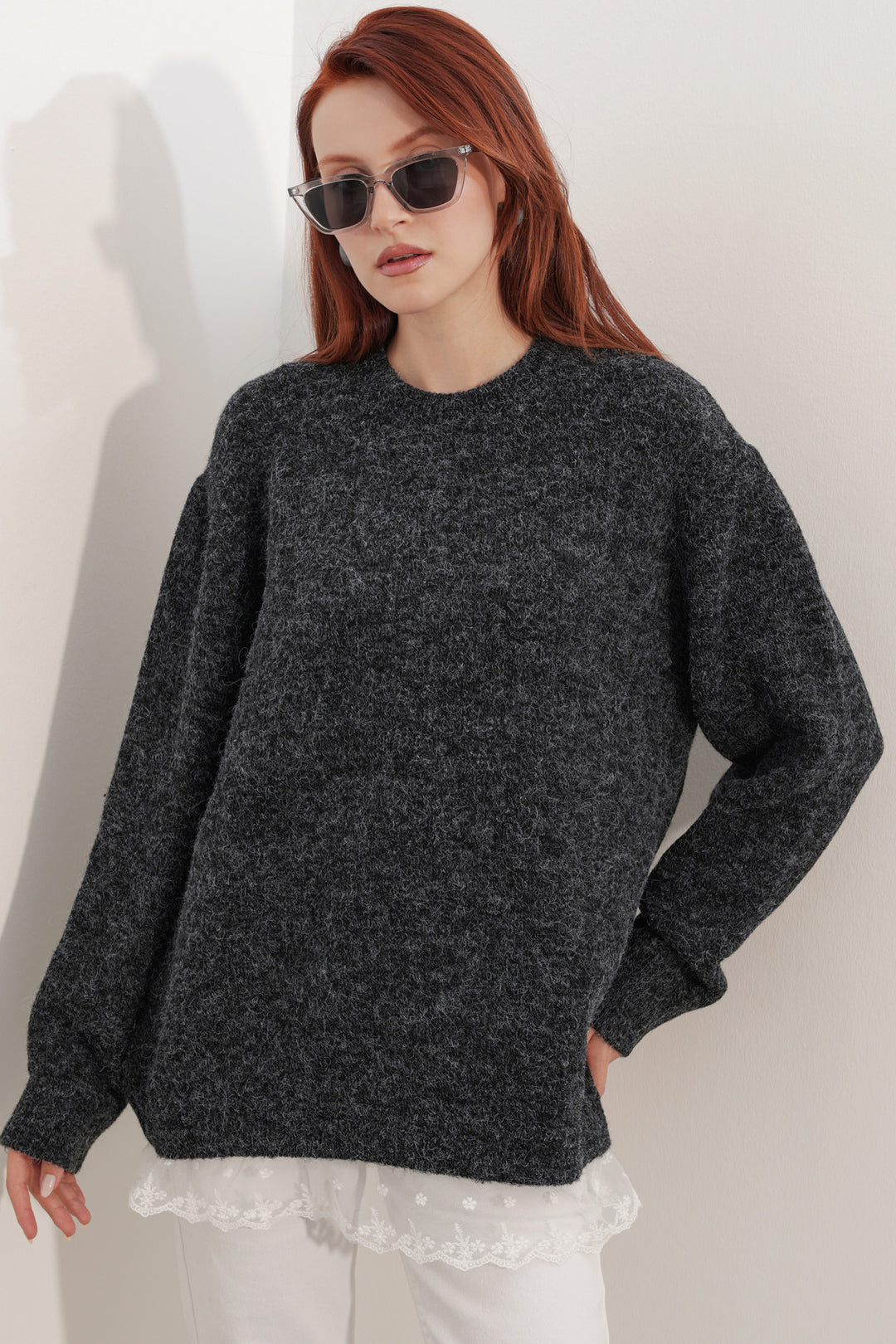 BGD Women Kadın Tül Detaylı Oversize Triko Kazak 15968 - Siyah - McKinney