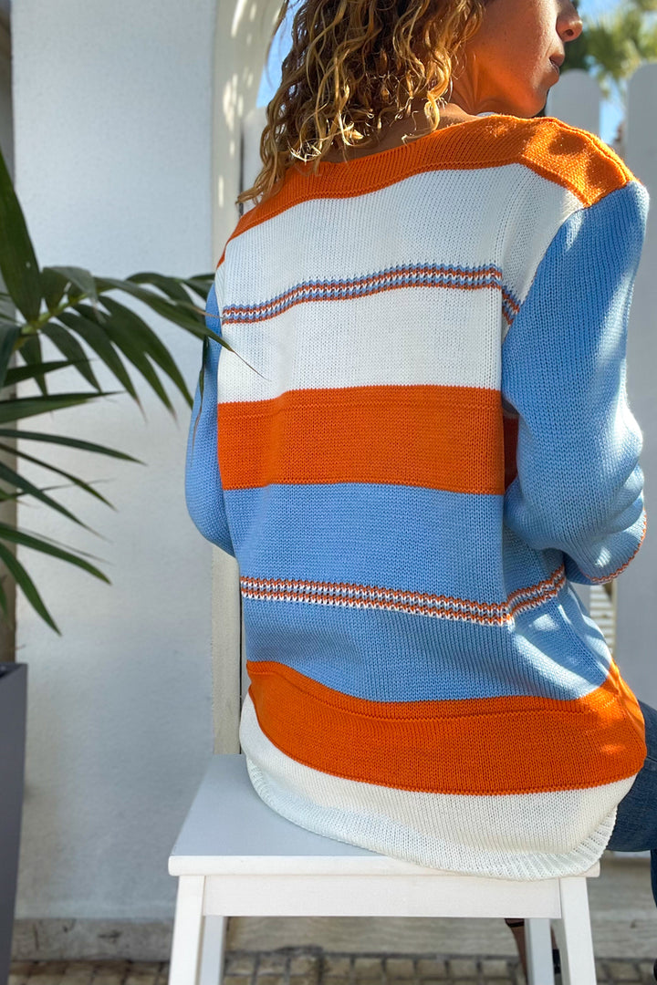 GNS Woman Orange-Blue V-Neck Color Block Loose Sweater Cck1705 - Tinley Park