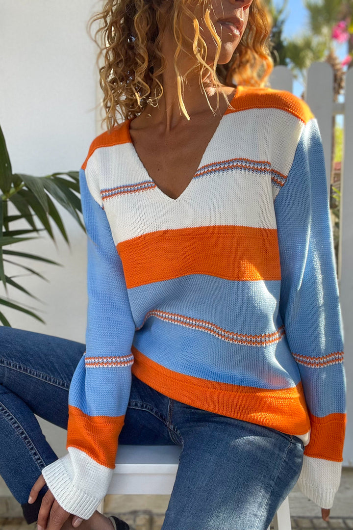 GNS Woman Orange-Blue V-Neck Color Block Loose Sweater Cck1705 - Tinley Park