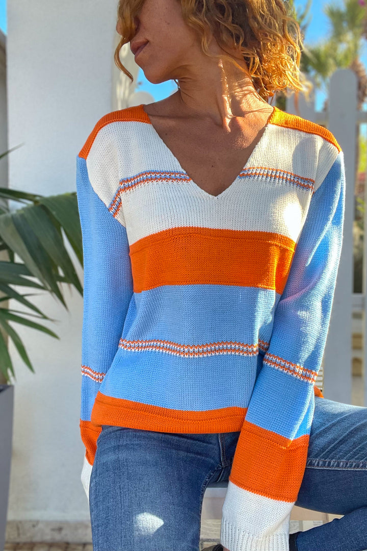GNS Woman Orange-Blue V-Neck Color Block Loose Sweater Cck1705 - Tinley Park
