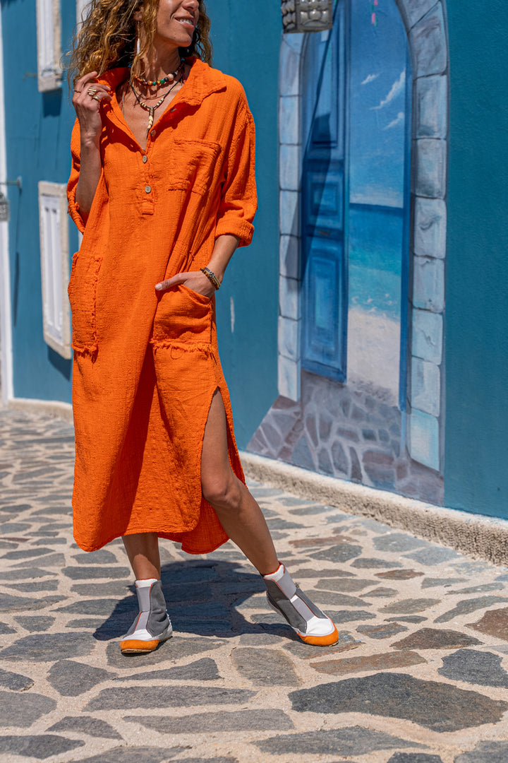 GNS Woman Orange Washed Linen Half Buttoned Dress Gk-Rsd2083 - Blacksburg