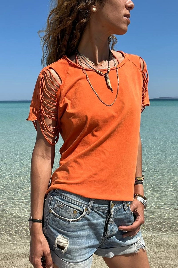 GNS Woman Orange Washed Shoulder Laser Cut T-Shirt GK-RSD2034 - Kobryn