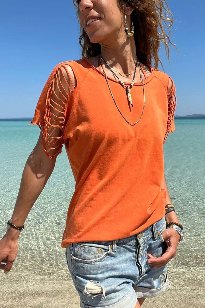 GNS Woman Orange Washed Shoulder Laser Cut T-Shirt GK-RSD2034 - Kobryn