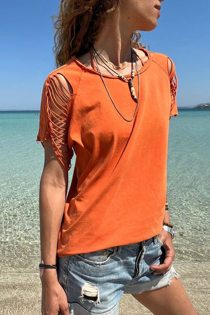 GNS Woman Orange Washed Shoulder Laser Cut T-Shirt GK-RSD2034 - Kobryn