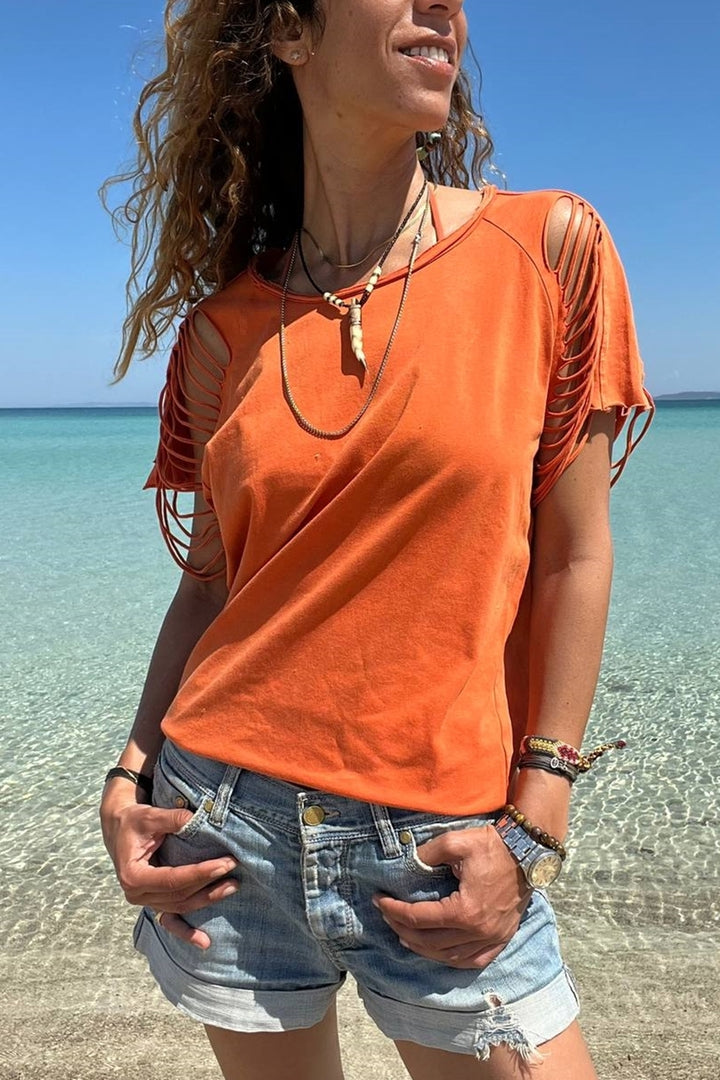 GNS Woman Orange Washed Shoulder Laser Cut T-Shirt GK-RSD2034 - Kobryn
