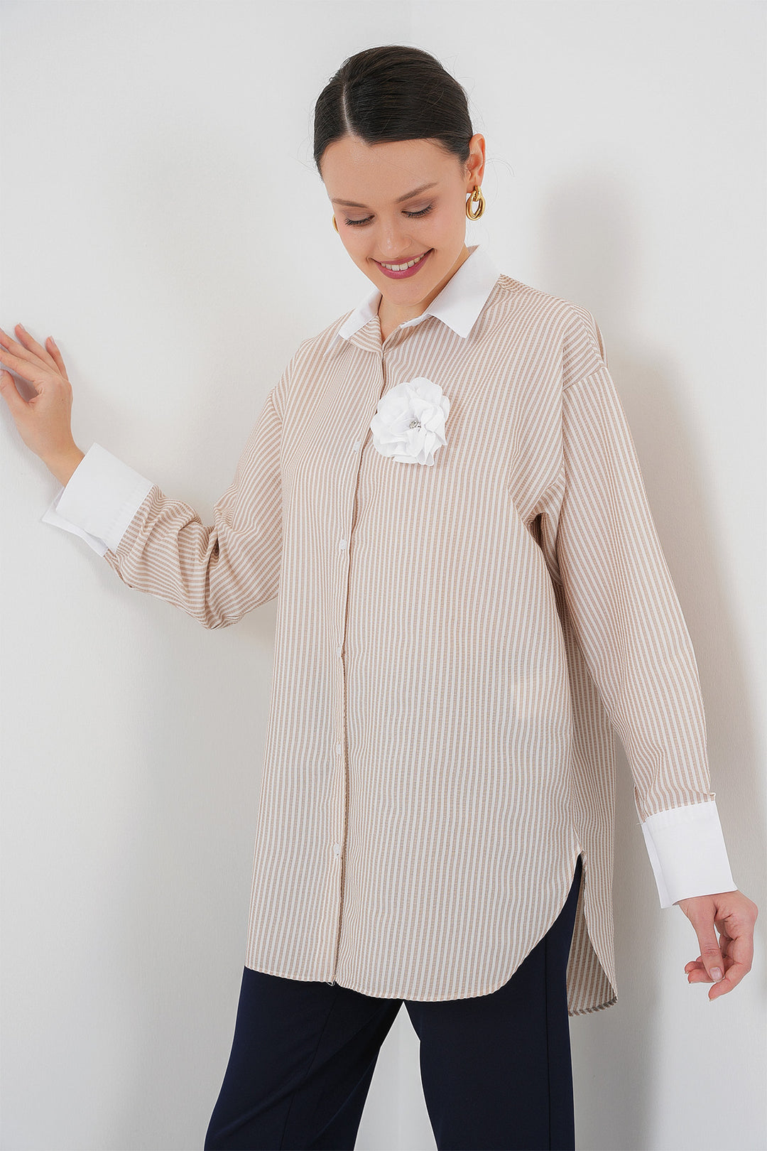 BGD Women Woman Long Striped Shirt 5962 - Beige - Haverstraw