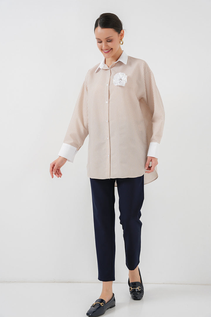 BGD Women Woman Long Striped Shirt 5962 - Beige - Haverstraw