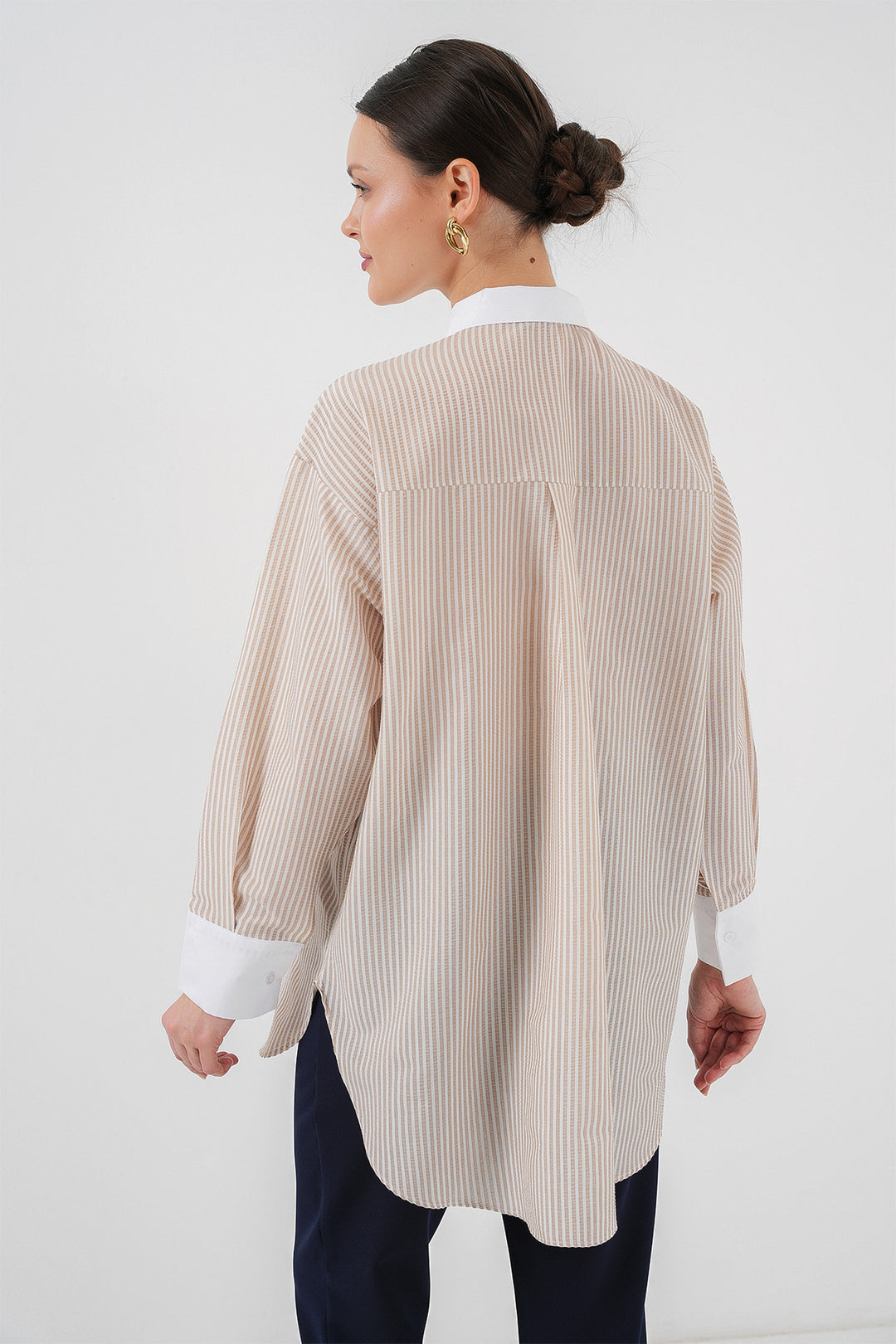 BGD Women Woman Long Striped Shirt 5962 - Beige - Haverstraw