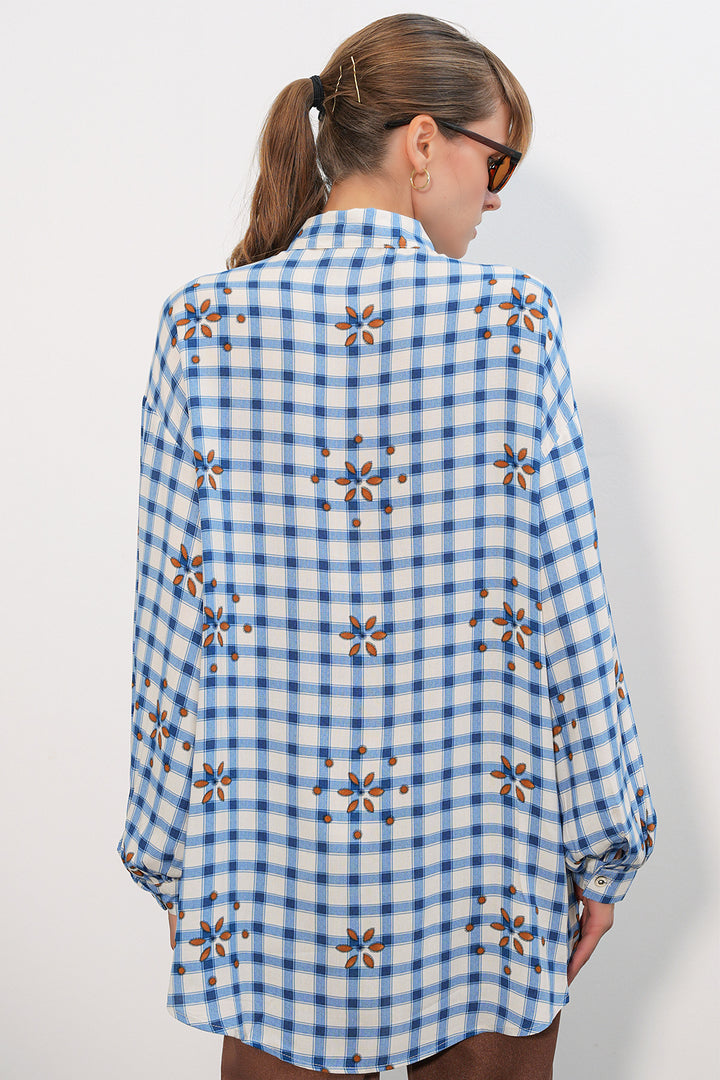 BGD Women Kadın Uzun Kareli Gömlek Tunik 5988 - Mavi - Saint-Jérôme