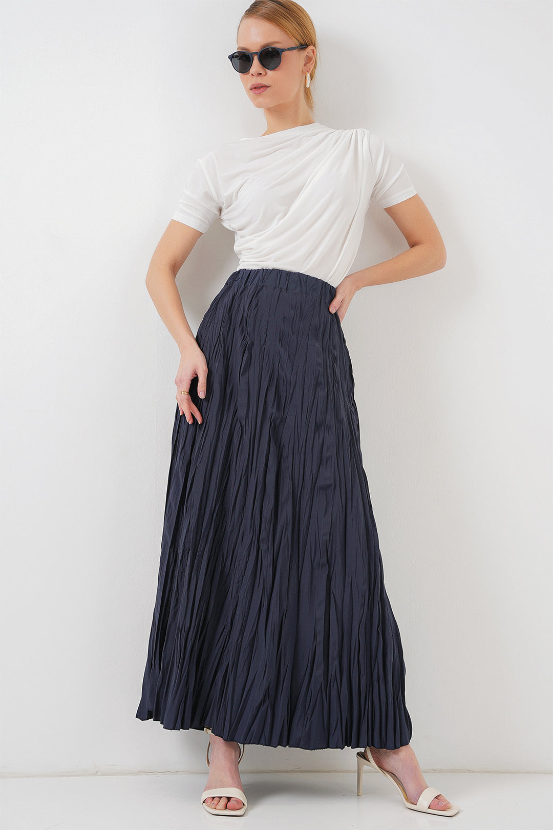 BGD Women Woman Long Wrinkled Skirt 8042 - Navy Blue - Washington