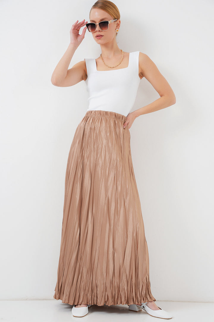 BGD Women Woman Long Wrinkled Shiny Skirt 8034 - Biscuit - Brooklyn Park