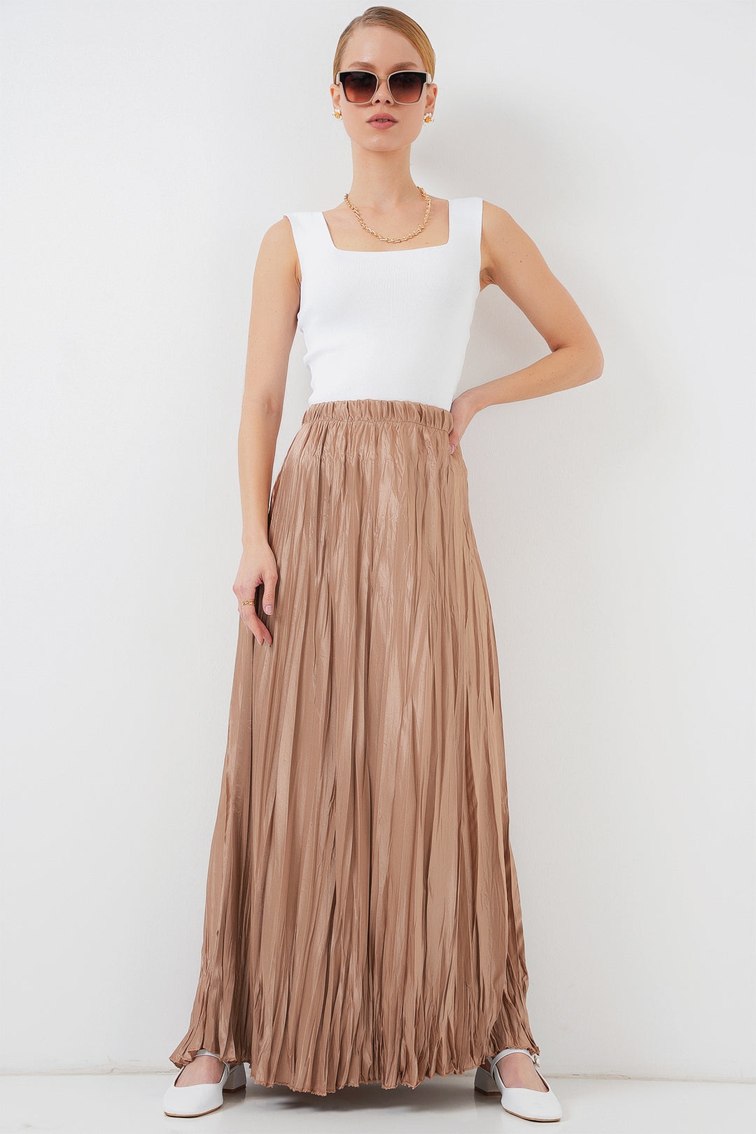 BGD Women Woman Long Wrinkled Shiny Skirt 8034 - Biscuit - Brooklyn Park