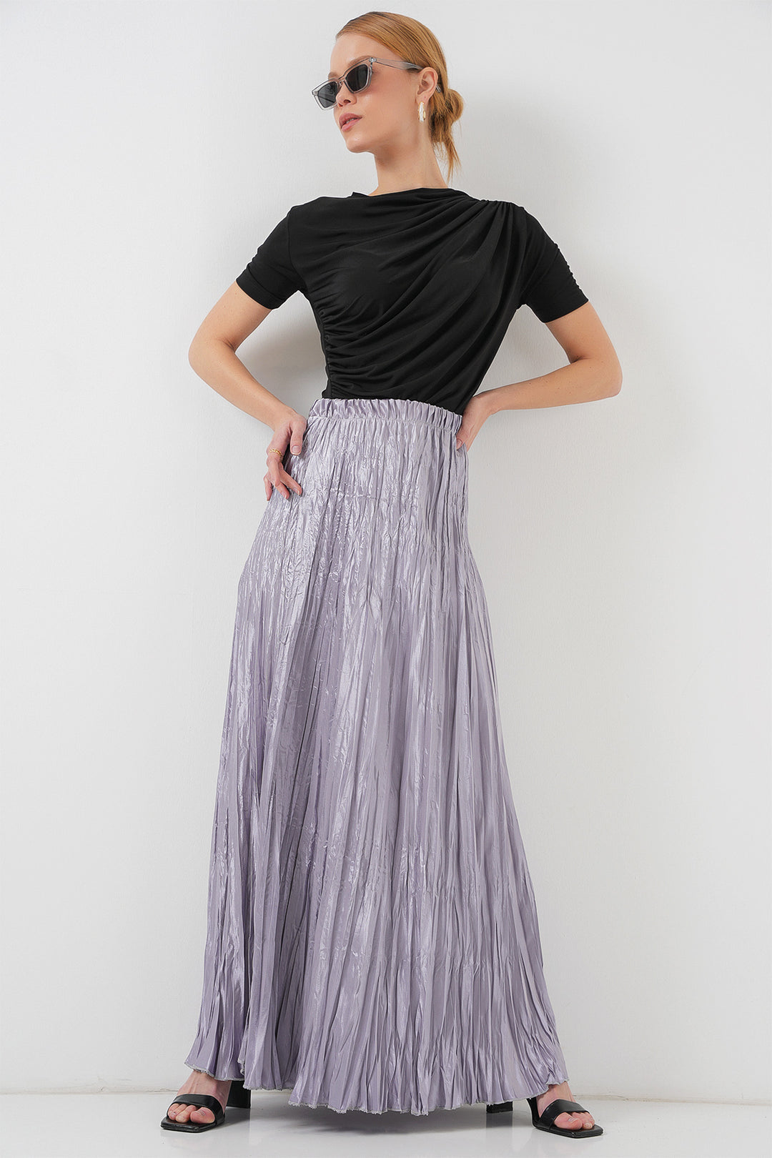 BGD Women Woman Long Wrinkled Shiny Skirt 8034 - Gray - Okhtyrka