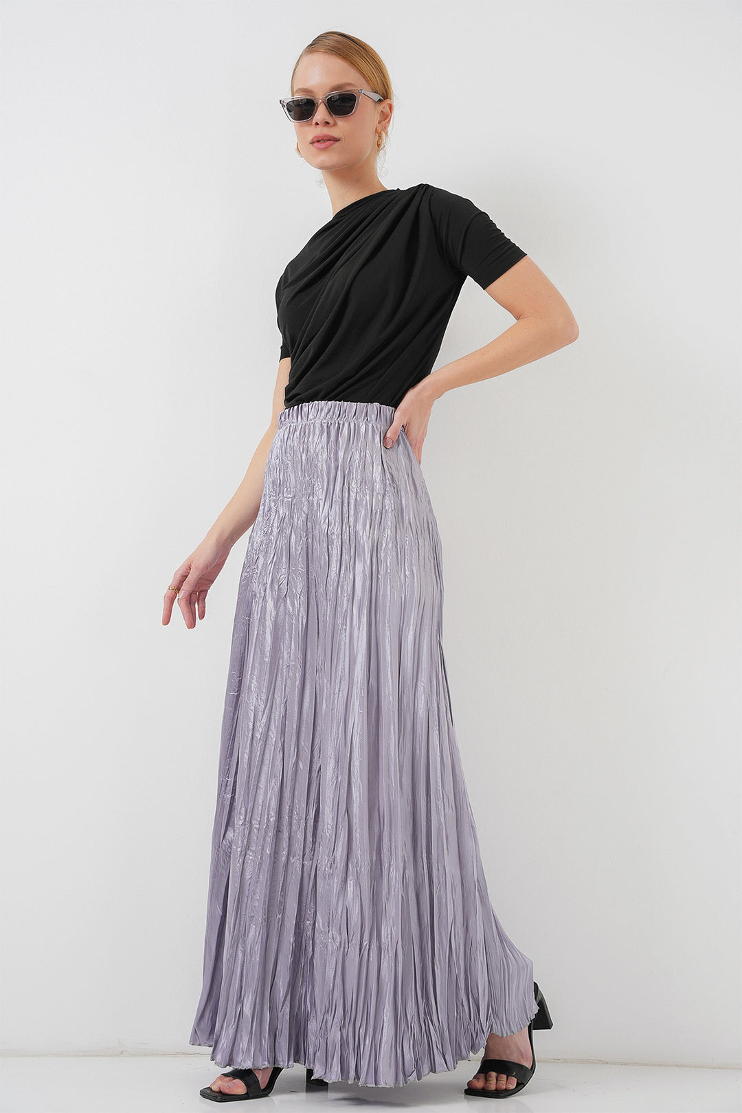 BGD Women Woman Long Wrinkled Shiny Skirt 8034 - Gray - Okhtyrka