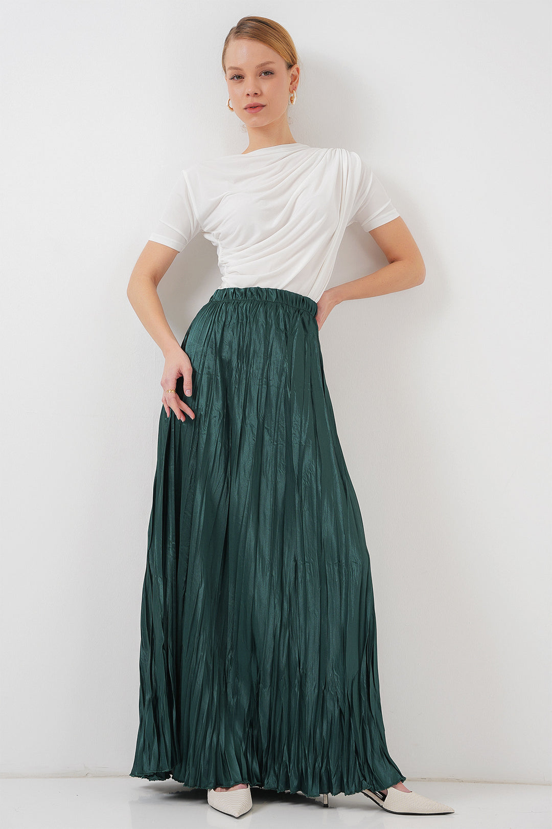 BGD Women Woman Long Wrinkled Shiny Skirt 8034 - Emerald Green - Shakhtarsk