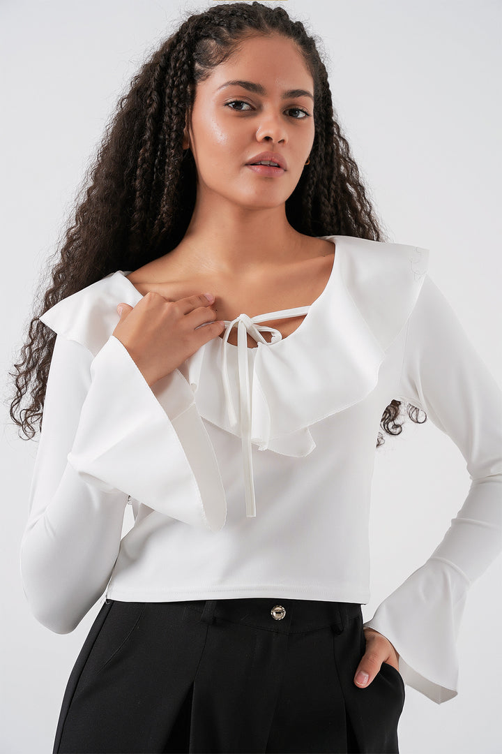 BGD Women Woman Long Sleeve Crop Blouse 979 - White - Wavre