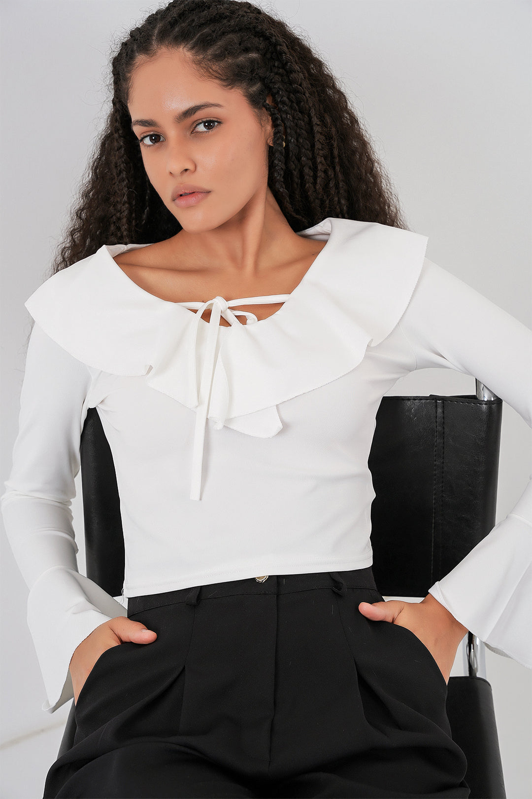 BGD Women Woman Long Sleeve Crop Blouse 979 - White - Wavre