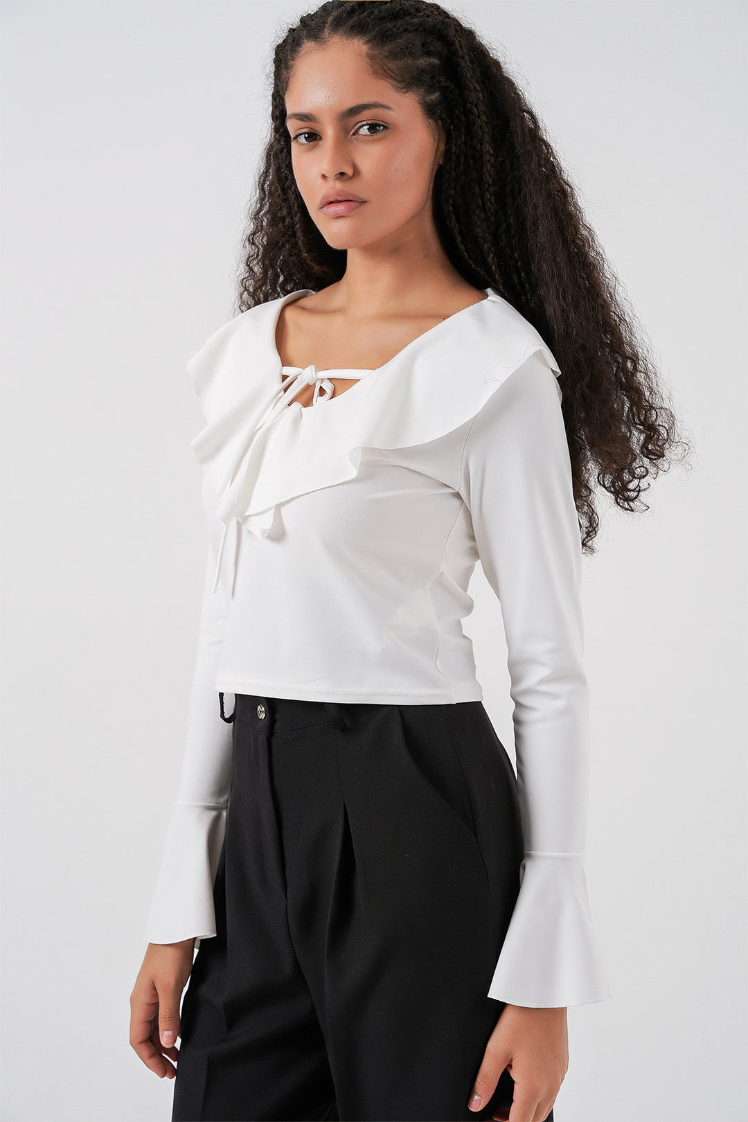 BGD Women Woman Long Sleeve Crop Blouse 979 - White - Wavre