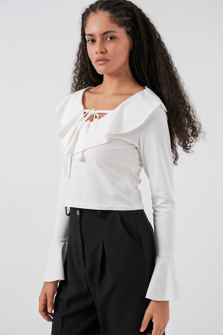 BGD Women Woman Long Sleeve Crop Blouse 979 - White - Wavre
