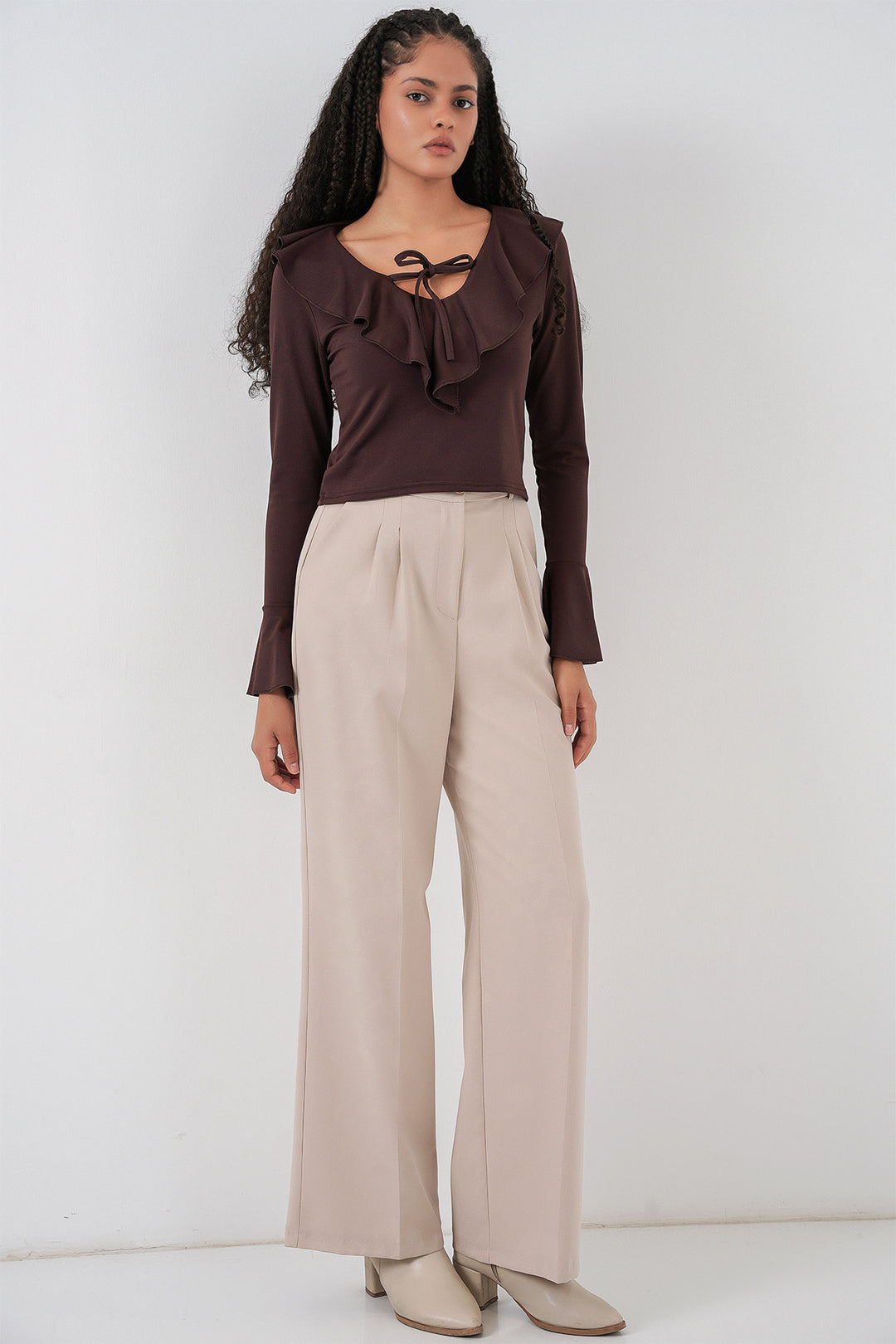 BGD Women Woman Long Sleeve Crop Blouse 979 - Brown - Isla