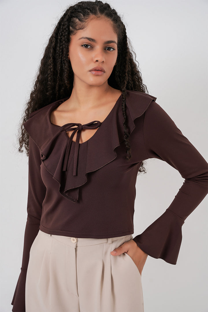 BGD Women Woman Long Sleeve Crop Blouse 979 - Brown - Isla
