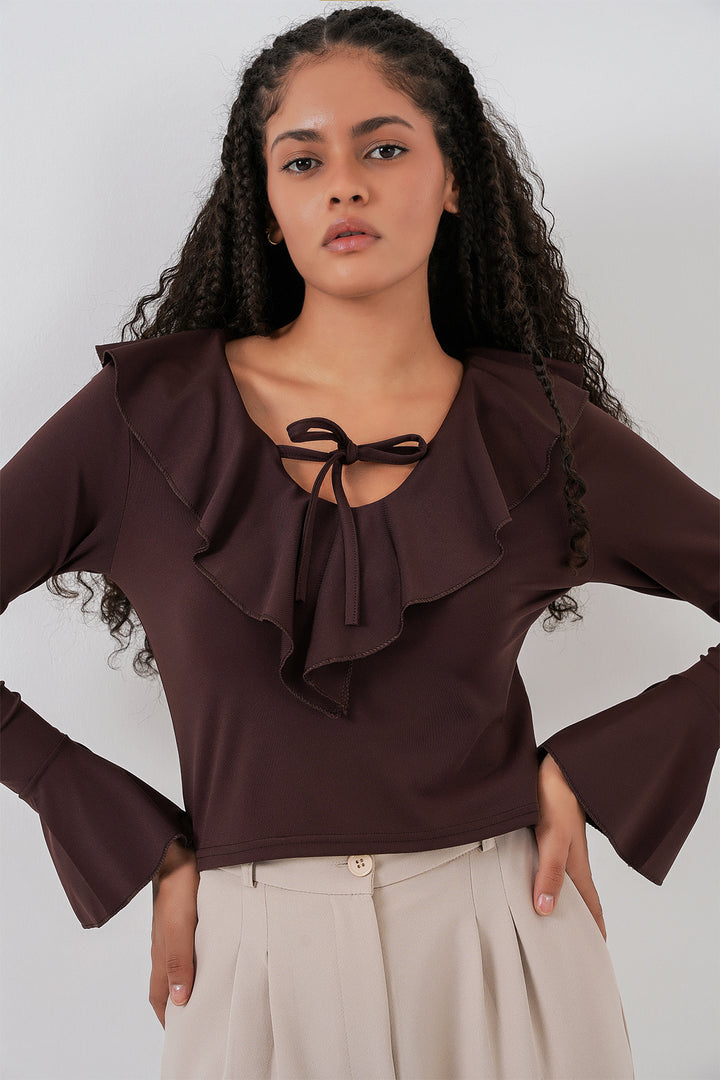 BGD Women Woman Long Sleeve Crop Blouse 979 - Brown - Isla