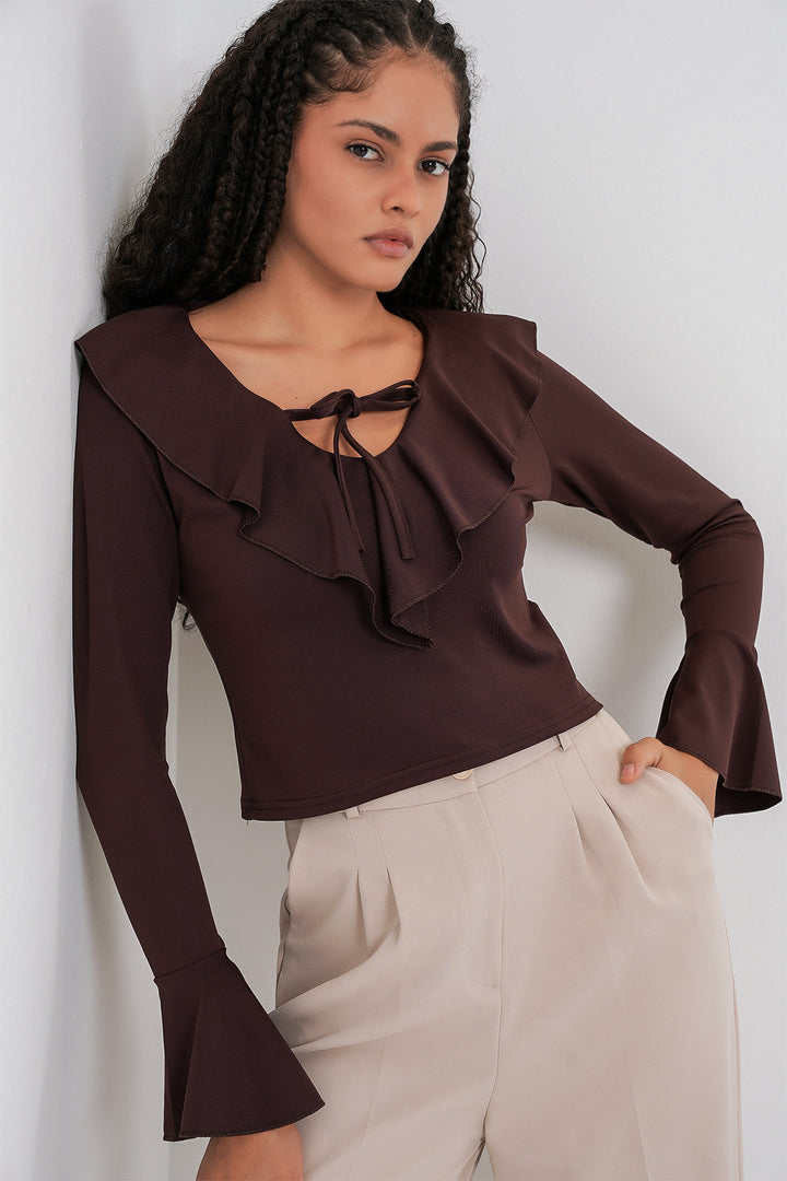 BGD Women Woman Long Sleeve Crop Blouse 979 - Brown - Isla
