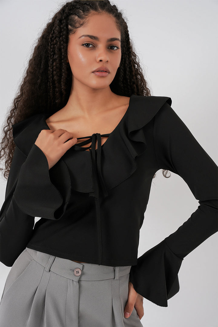 BGD Women Woman Long Sleeve Crop Blouse 979 - Black - Prairieville
