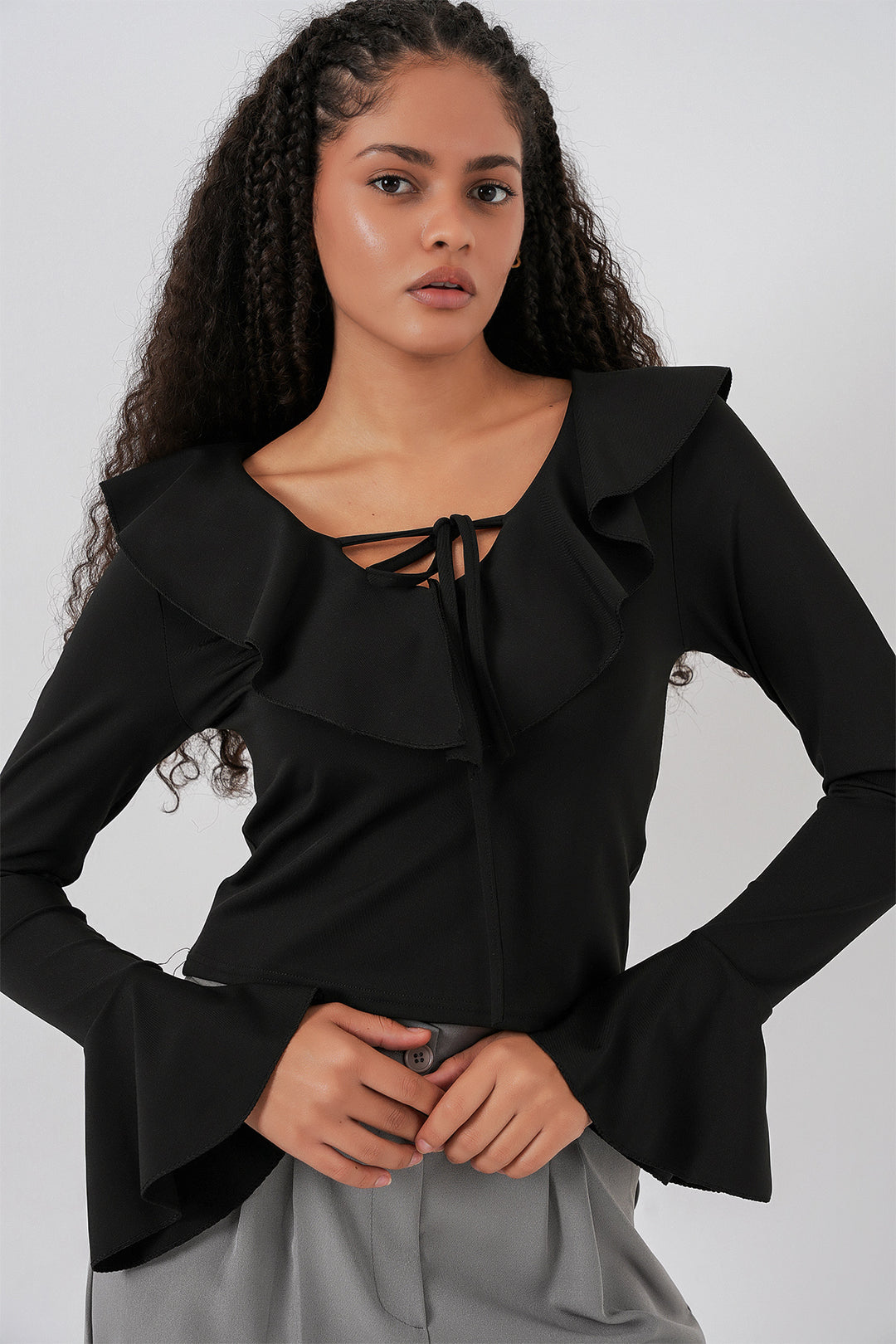 BGD Women Woman Long Sleeve Crop Blouse 979 - Black - Prairieville