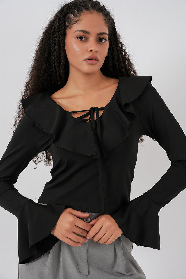 BGD Women Woman Long Sleeve Crop Blouse 979 - Black - Prairieville