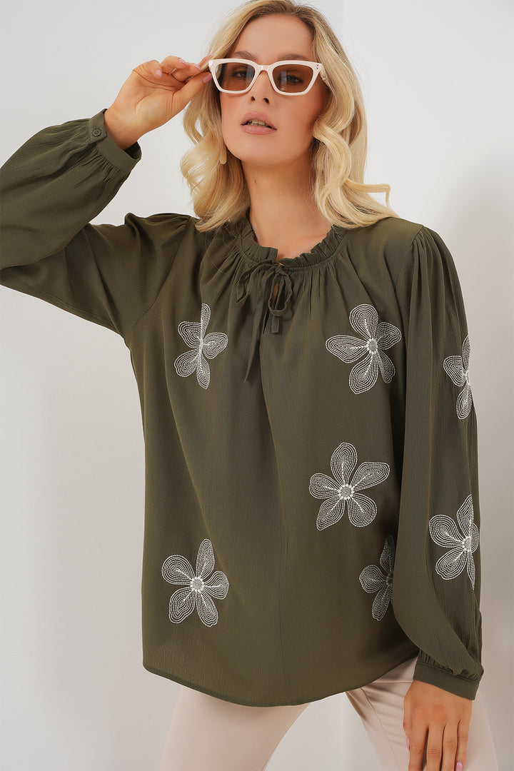 BGD Women Woman Long Sleeve Embroidered Knit Blouse 951 - Khaki - Tlacotepec