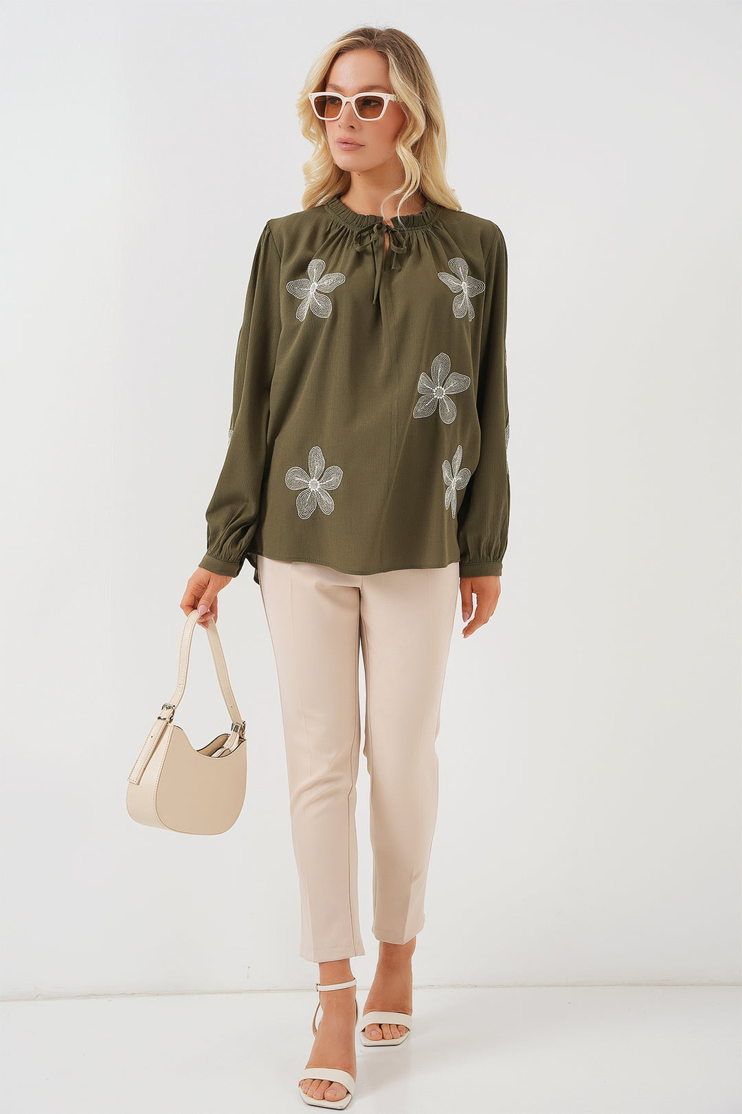 BGD Women Woman Long Sleeve Embroidered Knit Blouse 951 - Khaki - Tlacotepec