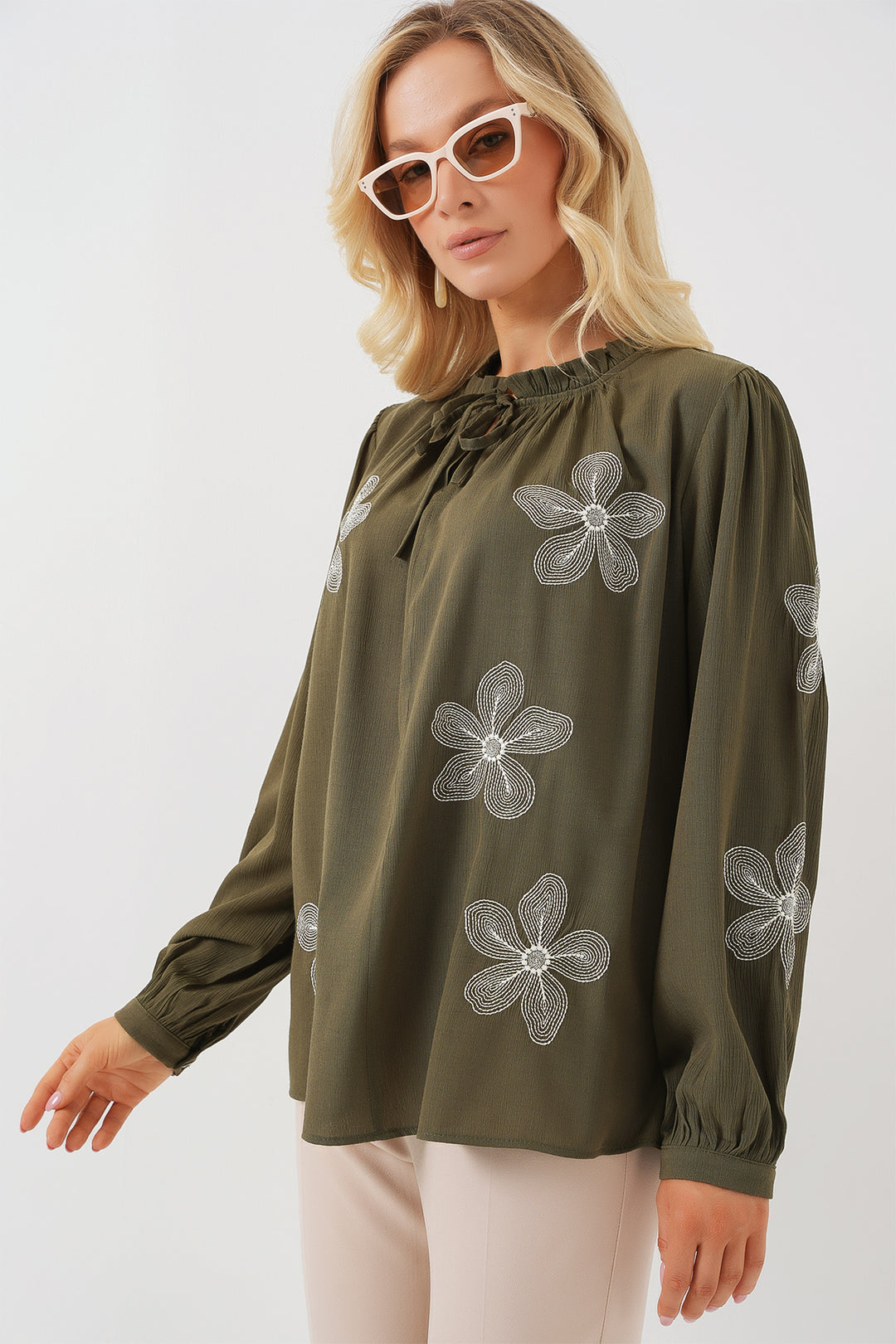 BGD Women Woman Long Sleeve Embroidered Knit Blouse 951 - Khaki - Tlacotepec