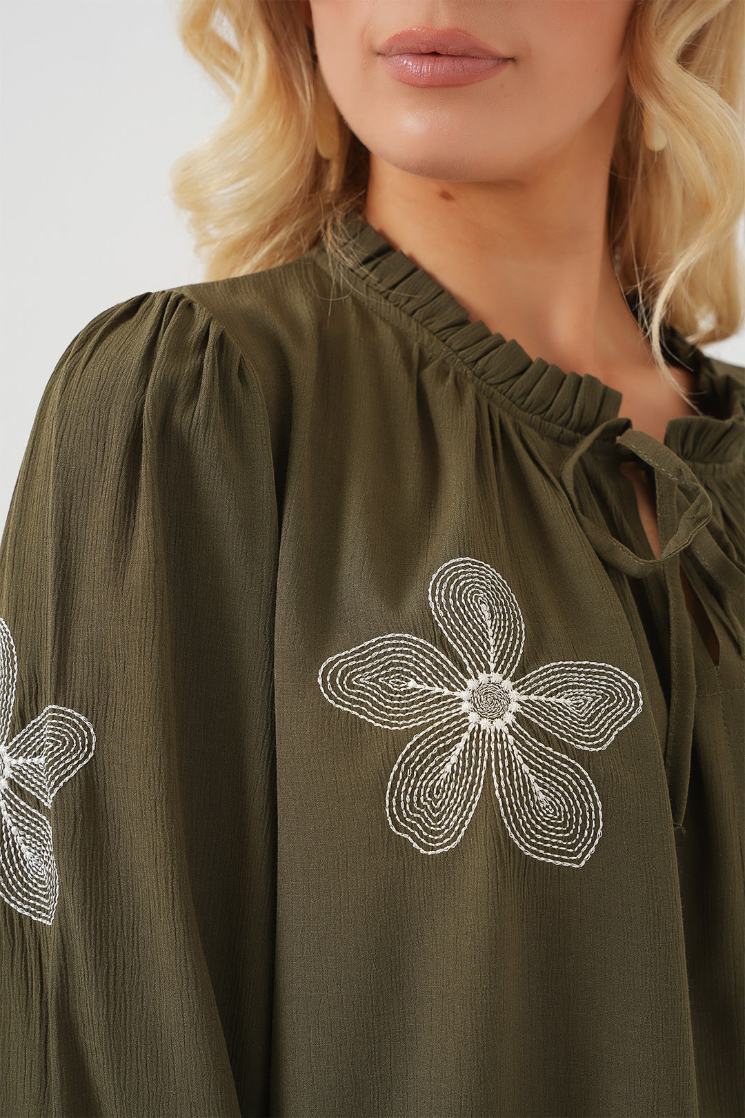 BGD Women Woman Long Sleeve Embroidered Knit Blouse 951 - Khaki - Tlacotepec