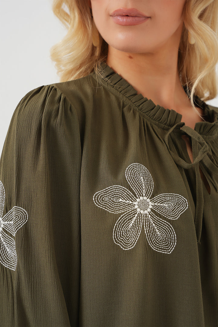 BGD Women Woman Long Sleeve Embroidered Knit Blouse 951 - Khaki - Tlacotepec