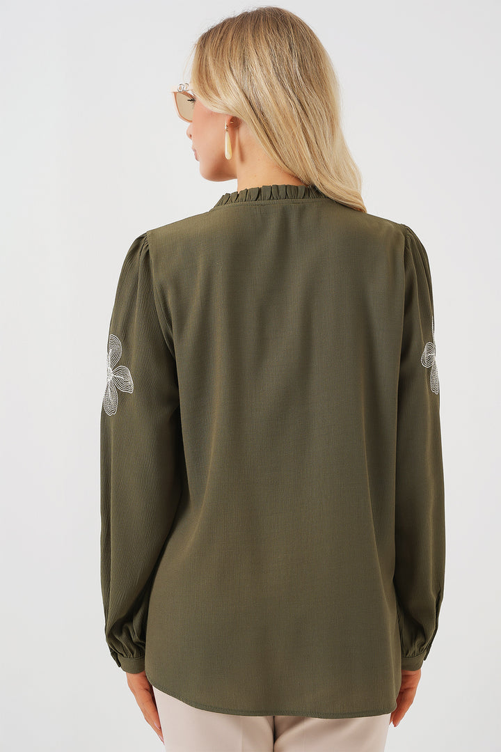 BGD Women Woman Long Sleeve Embroidered Knit Blouse 951 - Khaki - Tlacotepec