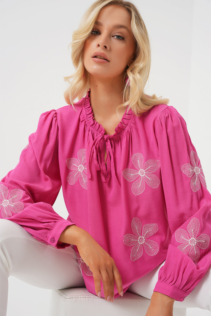 BGD Women Woman Long Sleeve Embroidered Knit Blouse 951 - Pink - Bridgwater