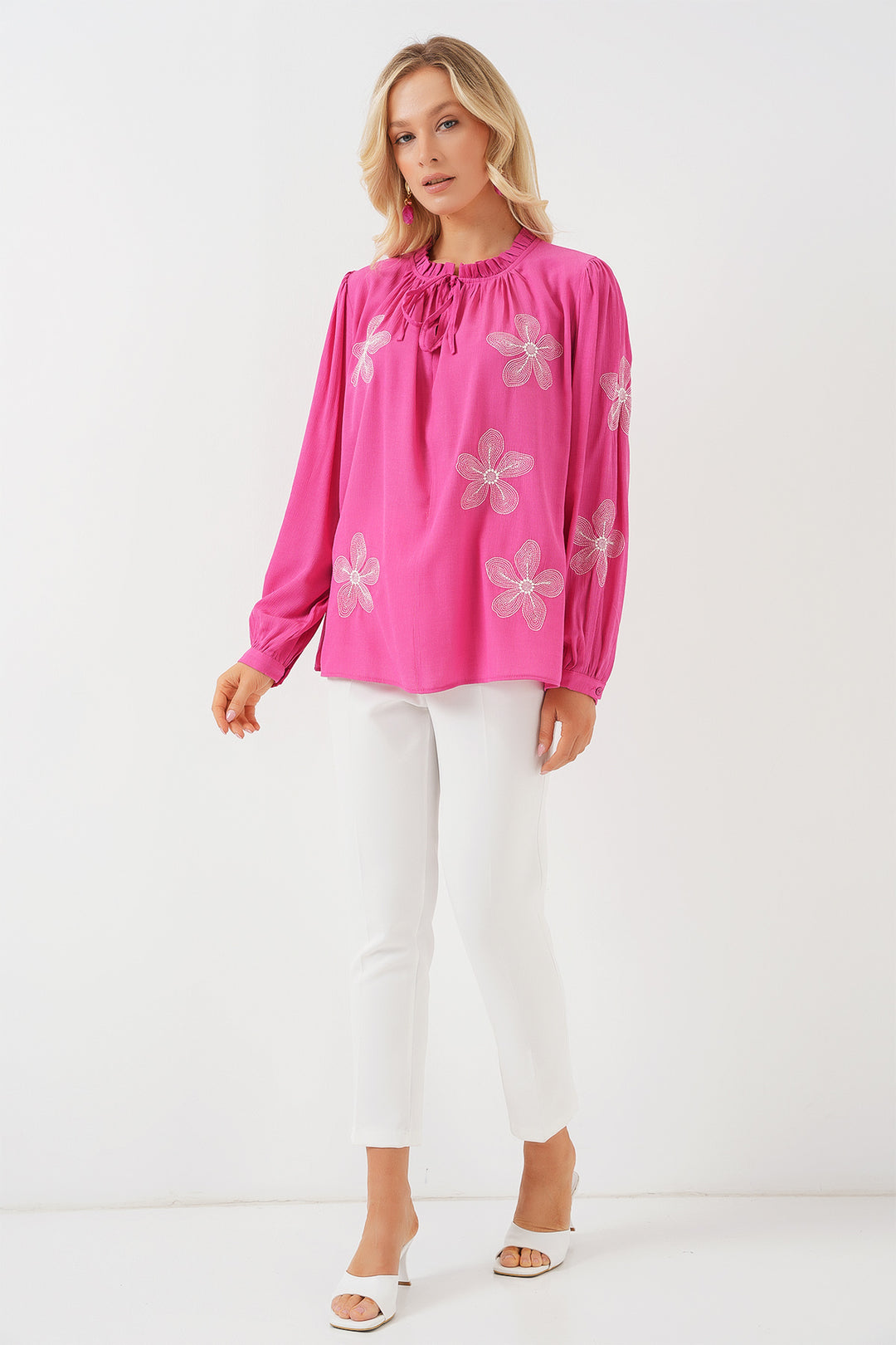 BGD Women Woman Long Sleeve Embroidered Knit Blouse 951 - Pink - Bridgwater