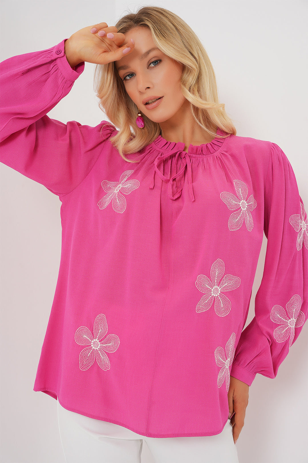 BGD Women Woman Long Sleeve Embroidered Knit Blouse 951 - Pink - Bridgwater