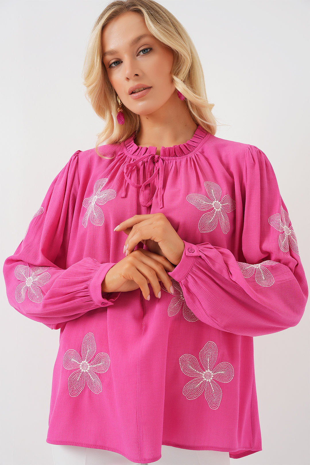 BGD Women Woman Long Sleeve Embroidered Knit Blouse 951 - Pink - Bridgwater