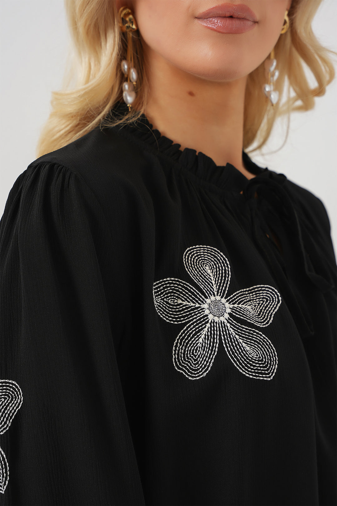 BGD Women Woman Long Sleeve Embroidered Knit Blouse 951 - Black - Cannock