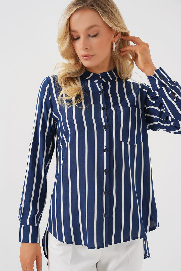 BGD Women Women's Long Sleeve Striped Shirt 20283 - Navy Blue - Scranton