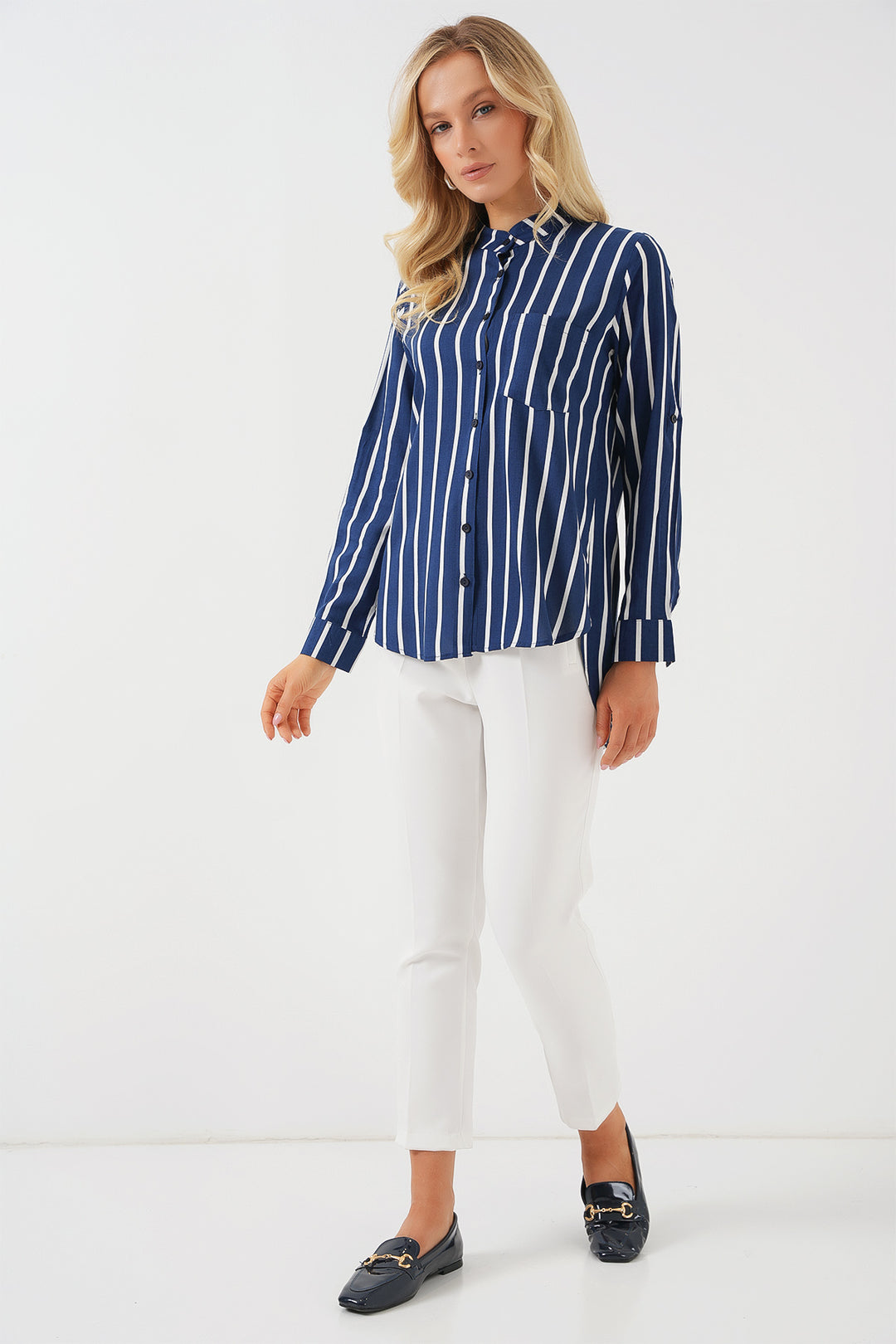 BGD Women Women's Long Sleeve Striped Shirt 20283 - Navy Blue - Scranton