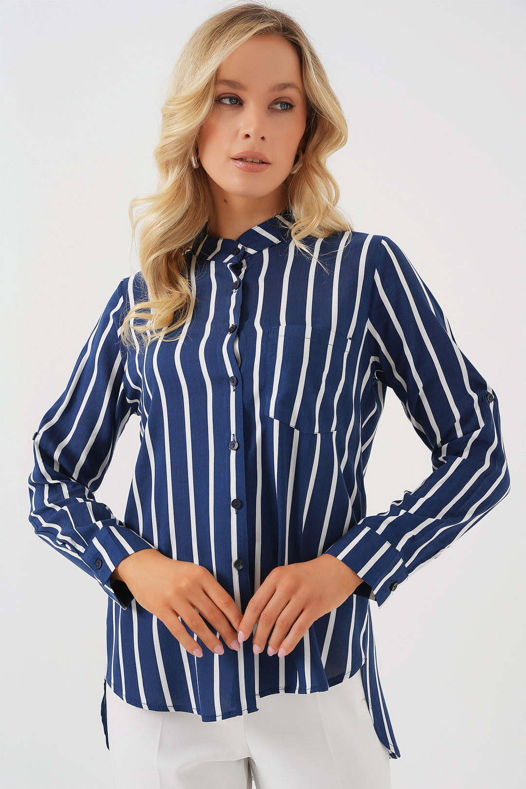 BGD Women Women's Long Sleeve Striped Shirt 20283 - Navy Blue - Scranton