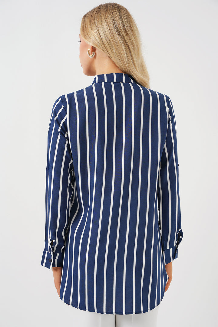 BGD Women Women's Long Sleeve Striped Shirt 20283 - Navy Blue - Scranton