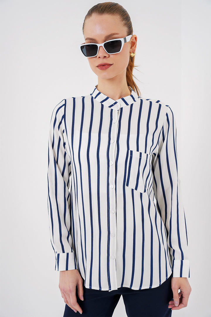BGD Women Women's Long Sleeve Striped Shirt 20283 - Navy Blue - Gillingham