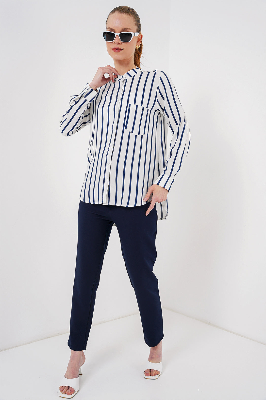 BGD Women Women's Long Sleeve Striped Shirt 20283 - Navy Blue - Gillingham